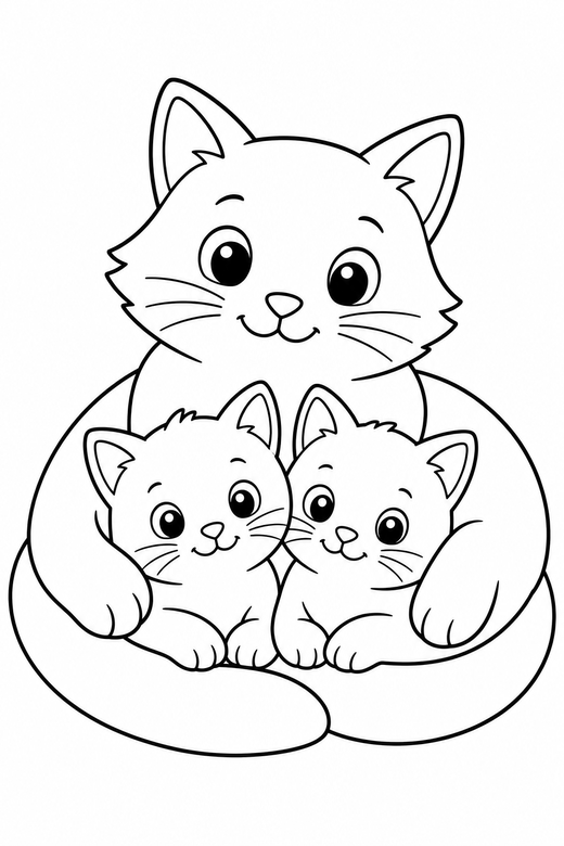Mother cat and kittens, color online