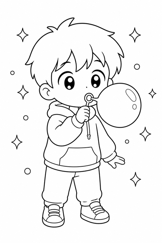 Boy in a hoodie blowing a bubble, color online