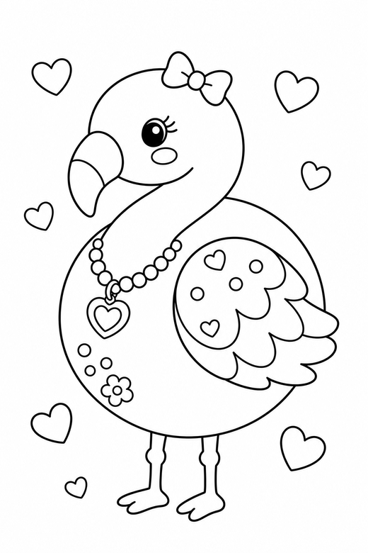 Flamingo with a bow with hearts, color online