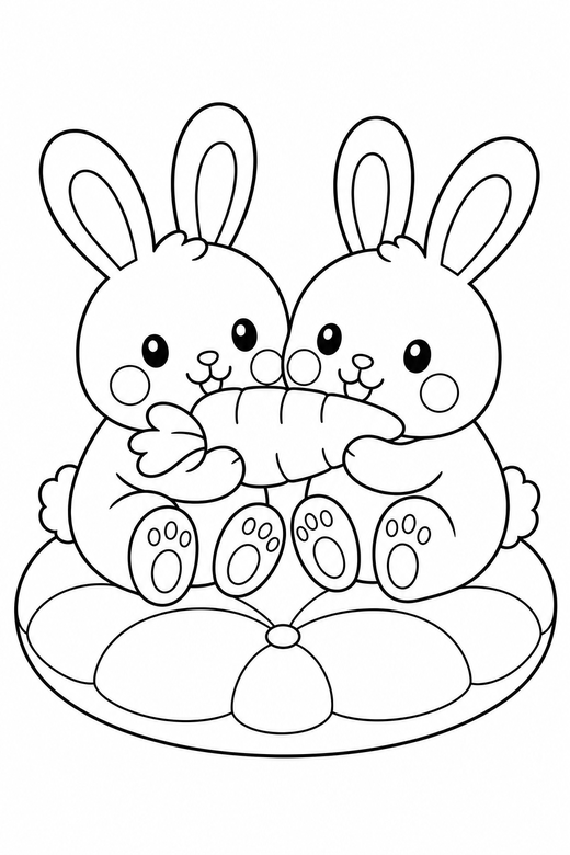 Two bunnies with a carrot blushing, color online