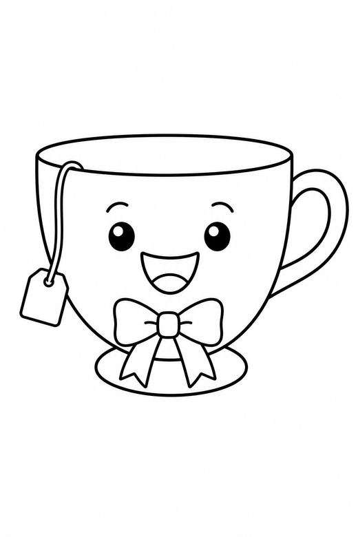 Teacup with a teabag smiling with a bow, color online