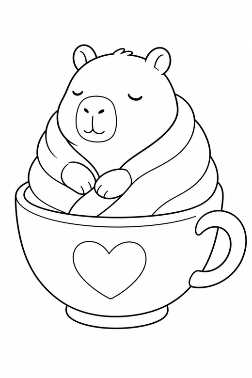Capybara in a blanket in a teacup, color online