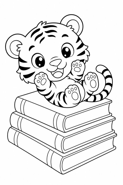 Tiger cub on its back on books, color online