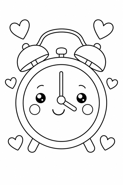 Alarm clock blushing with hearts, color online