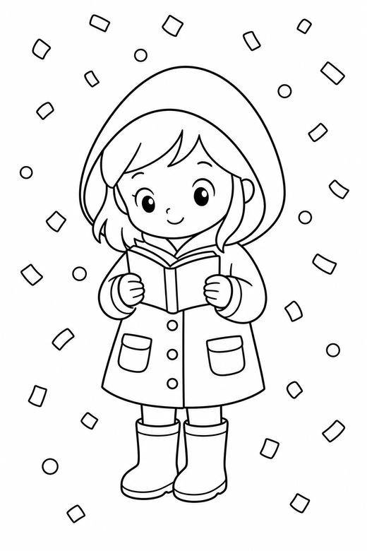 Girl in a raincoat reading with confetti, color online