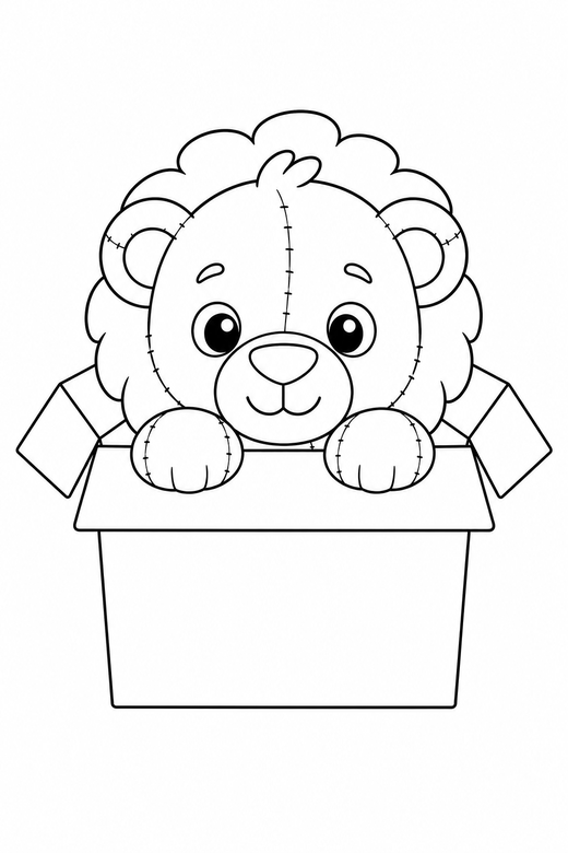 Lion cub peeking in a box, color online