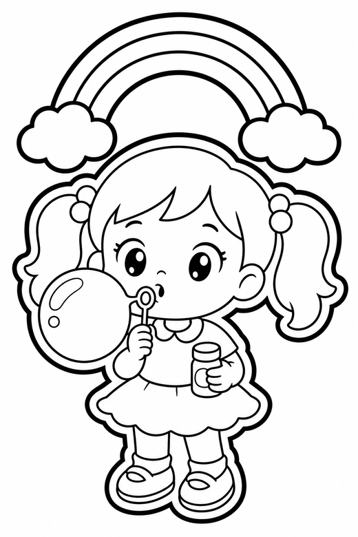 Girl with pigtails blowing a bubble, color online