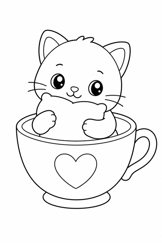Kitten hugging a cushion in a teacup, color online