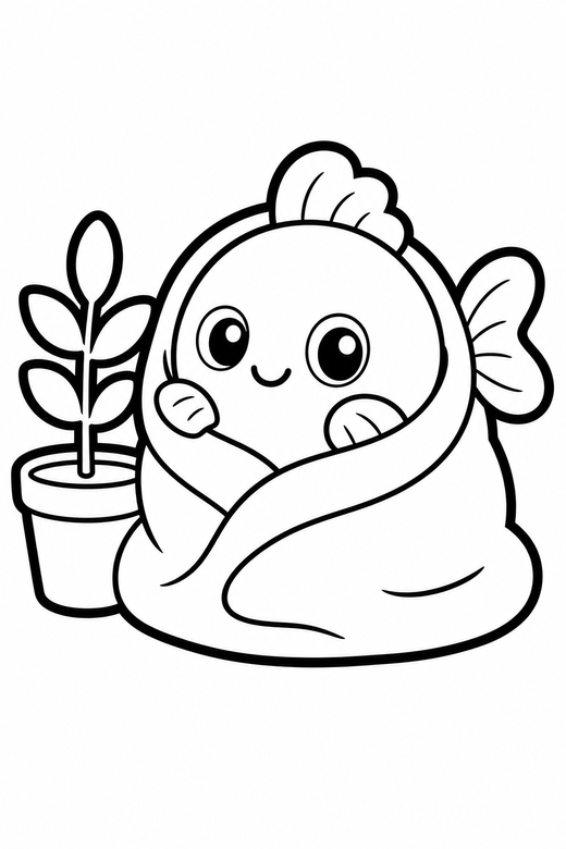 Goldfish in a blanket by a plant, color online