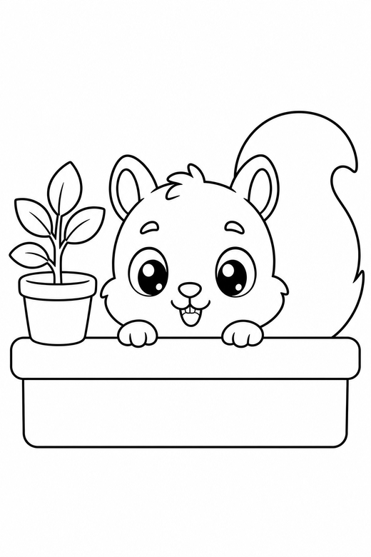 Squirrel peeking by a plant, color online