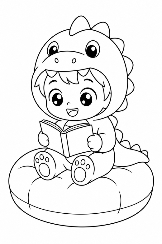 Kid in a dinosaur costume reading, color online