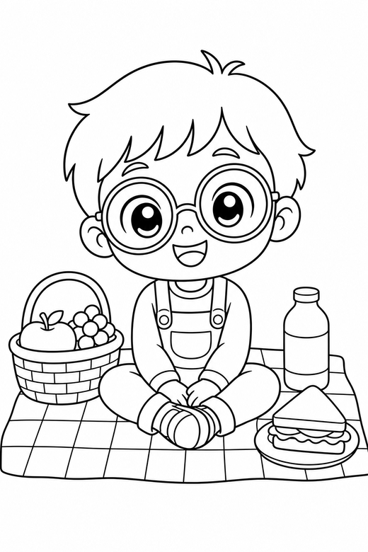 Kid with round glasses sitting, color online