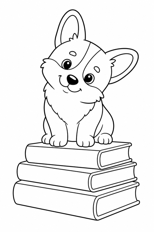 Corgi head tilted on books, color online