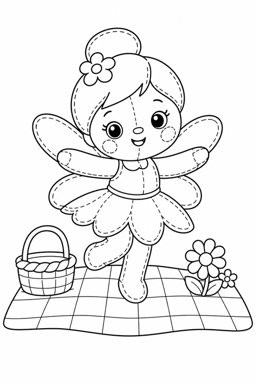Tiny fairy twirling on a picnic blanket, color online
