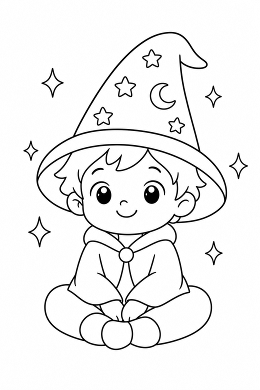 Little wizard sitting with sparkles, color online