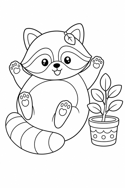 Raccoon on its back by a plant, color online