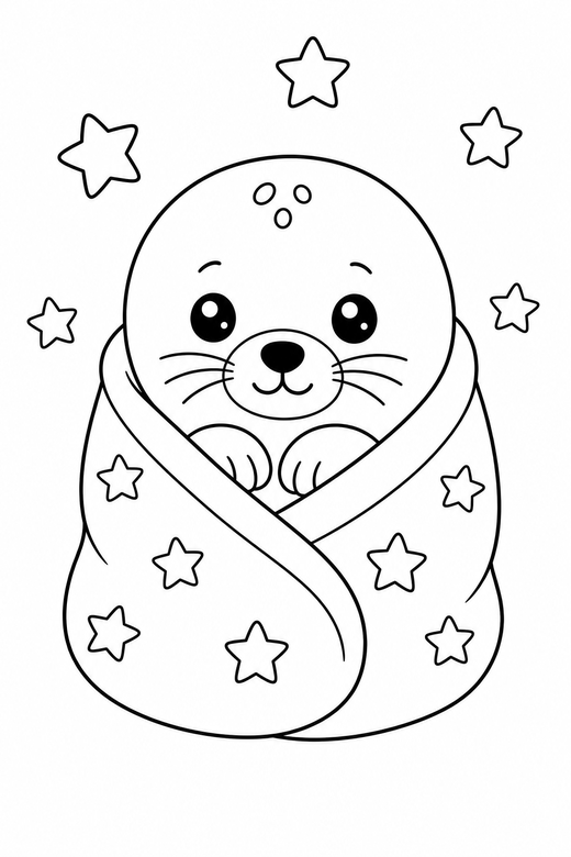 Seal pup in a blanket with stars, color online