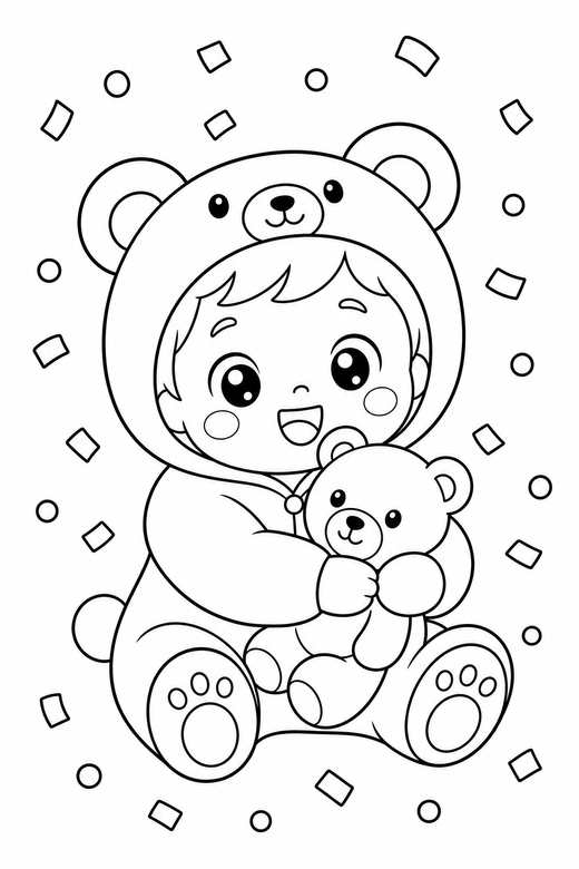 Kid in a bear onesie hugging a plush, color online