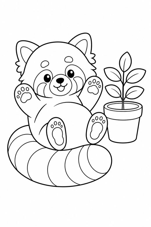 Red panda on its back by a plant, color online