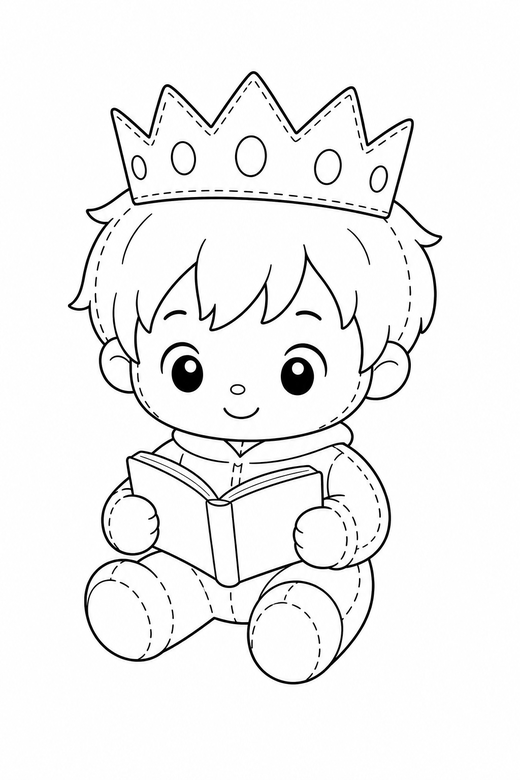 Boy with a paper crown reading plain, color online