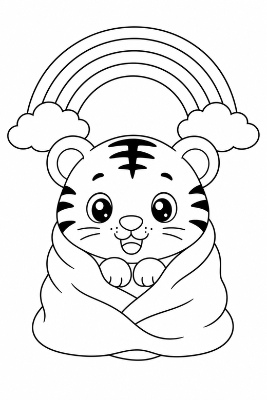 Tiger cub in a blanket under a rainbow, color online