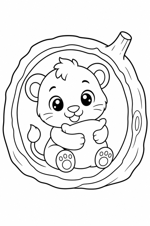 Lion cub hugging a cushion in a log, color online