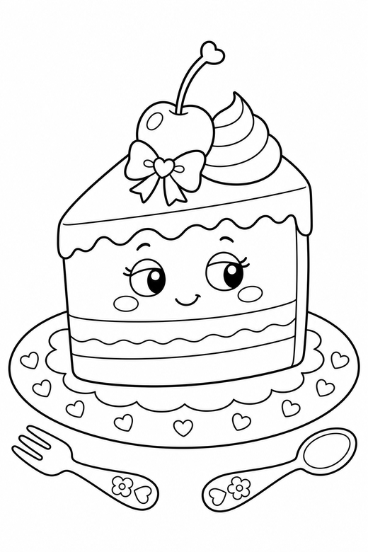 Cake slice shy with cutlery, color online