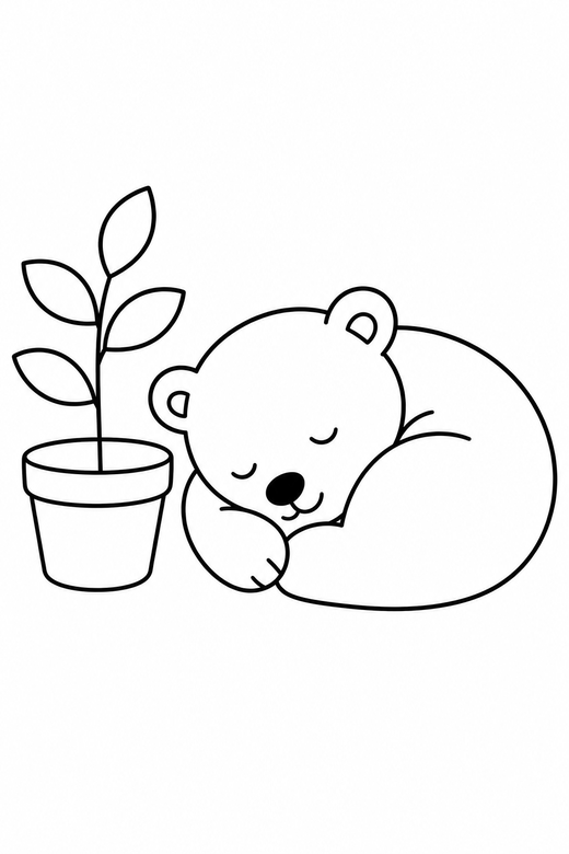 Polar bear cub curled up by a plant, color online