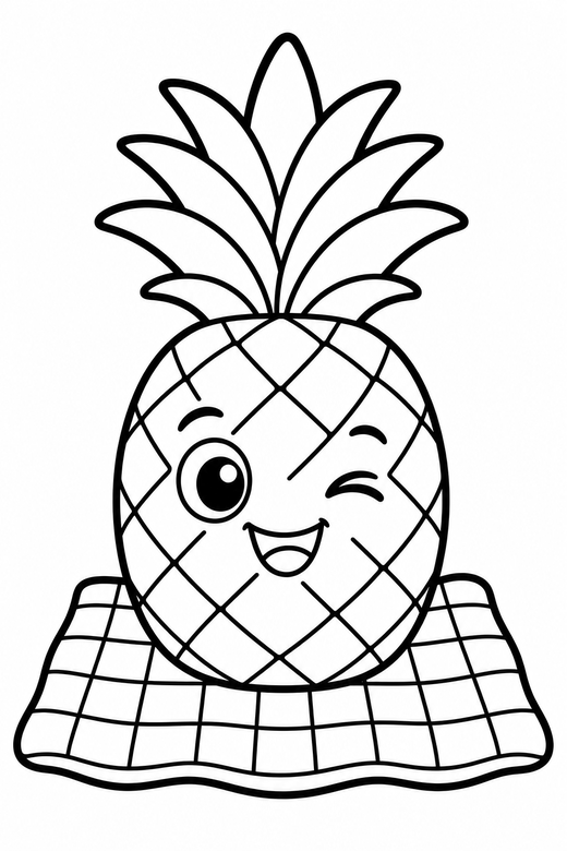 Pineapple winking on a picnic cloth, color online