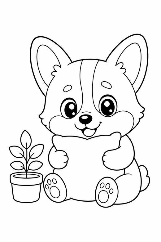 Corgi hugging a cushion by a plant, color online