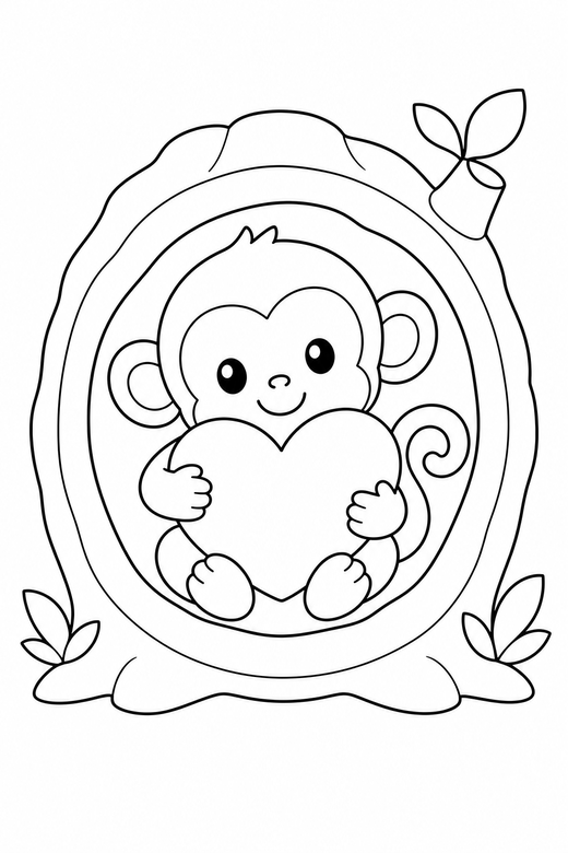 Monkey hugging a heart in a log, color online