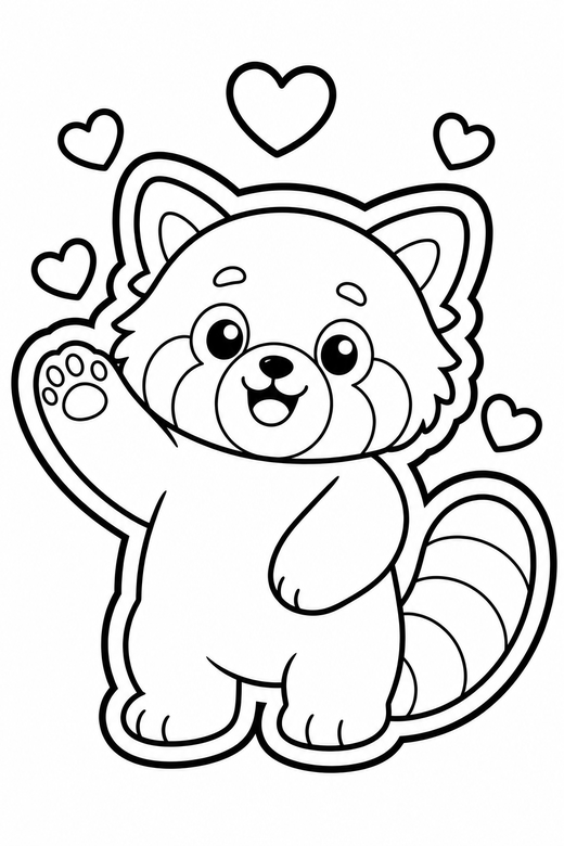Red panda waving with hearts, color online
