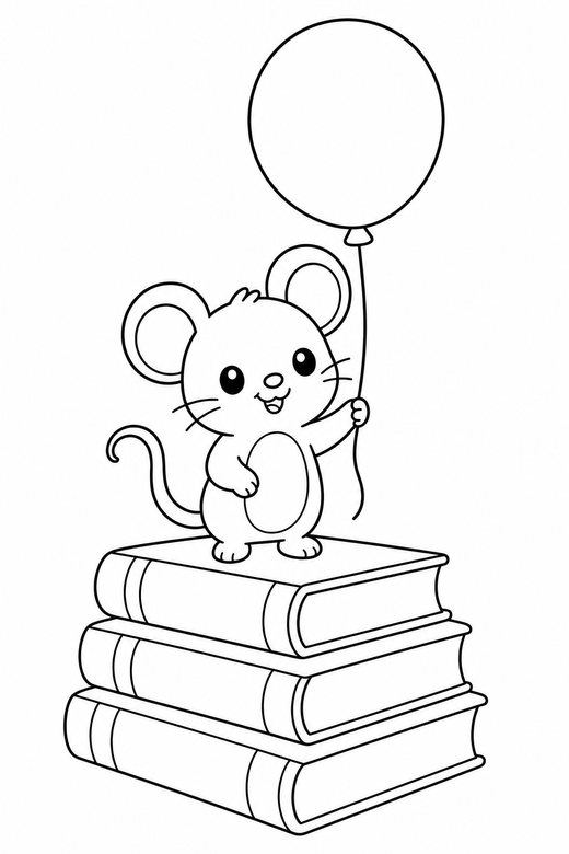 Mouse with a balloon on books, color online
