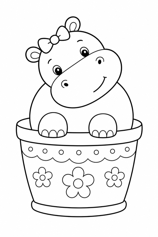 Hippo head tilted in a flower pot, color online