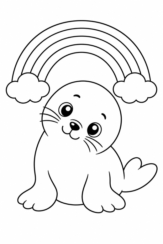 Seal pup head tilted under a rainbow, color online