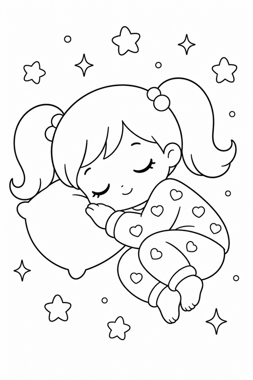 Girl with pigtails asleep with sparkles, color online