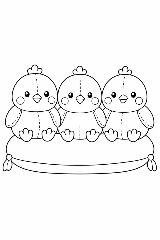 Row of chicks blushing on a cushion, color online