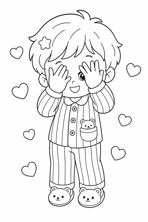 Kid in pajamas peeking with hearts, color online