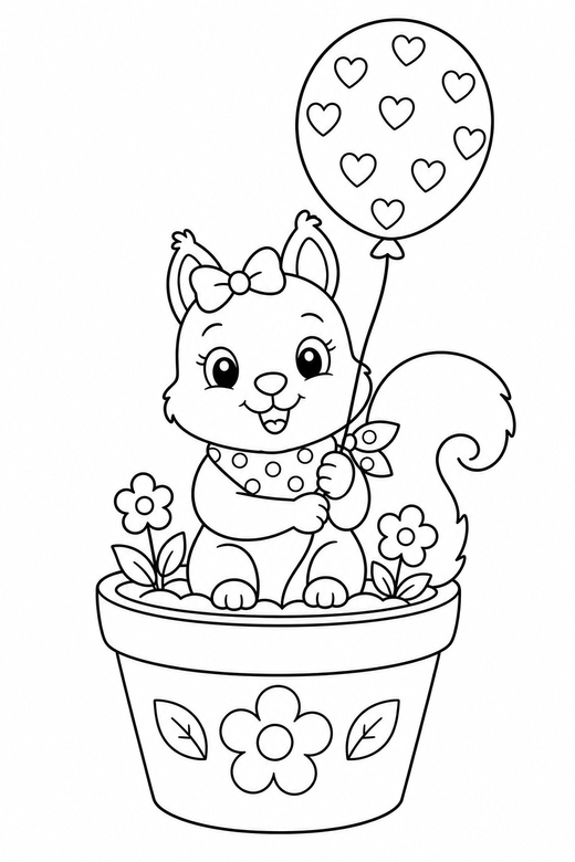 Squirrel with a balloon in a flower pot, color online