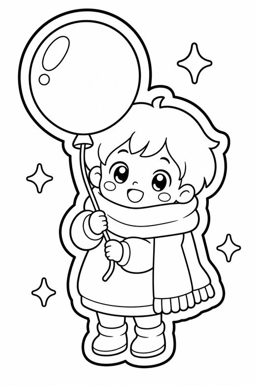 Kid in a big scarf with a balloon, color online