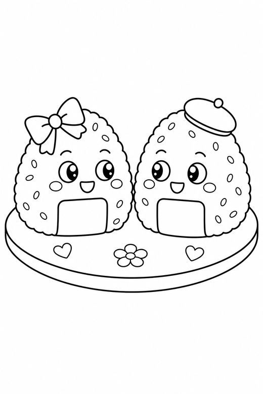 Two onigiri looking at each other on a plate, color online