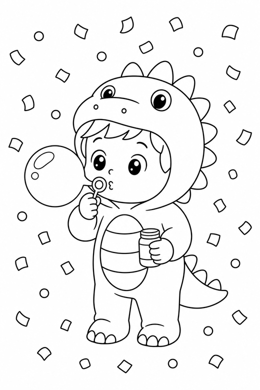 Kid in a dinosaur costume blowing a bubble, color online
