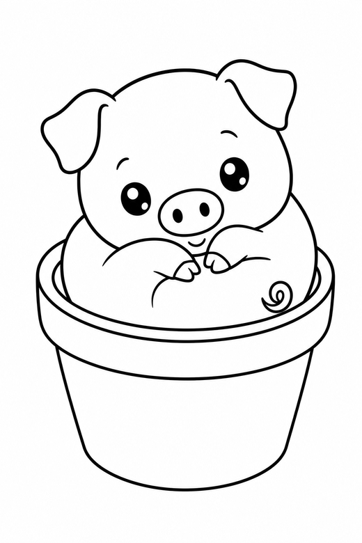 Piglet curled up in a flower pot, color online