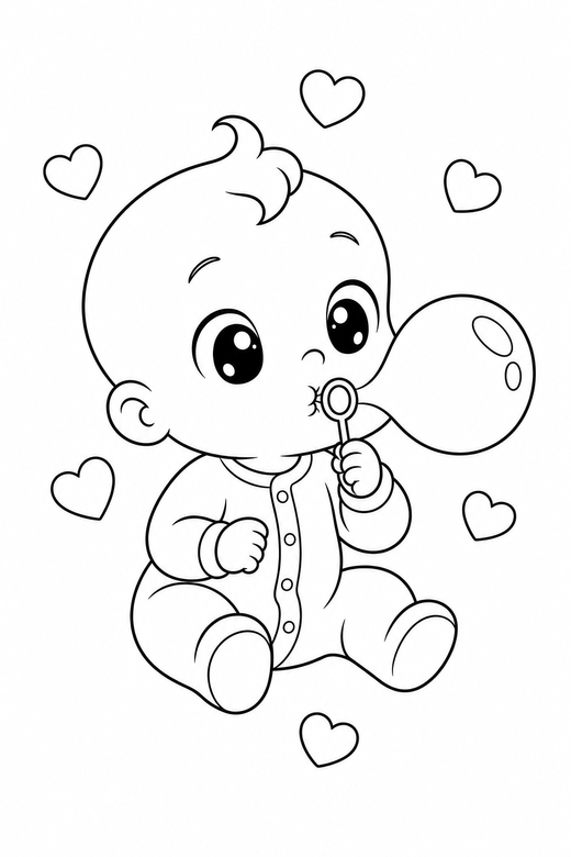 Baby in a onesie blowing a bubble, color online