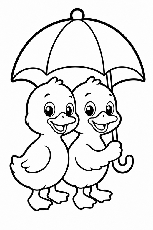 Two ducklings smiling under an umbrella, color online