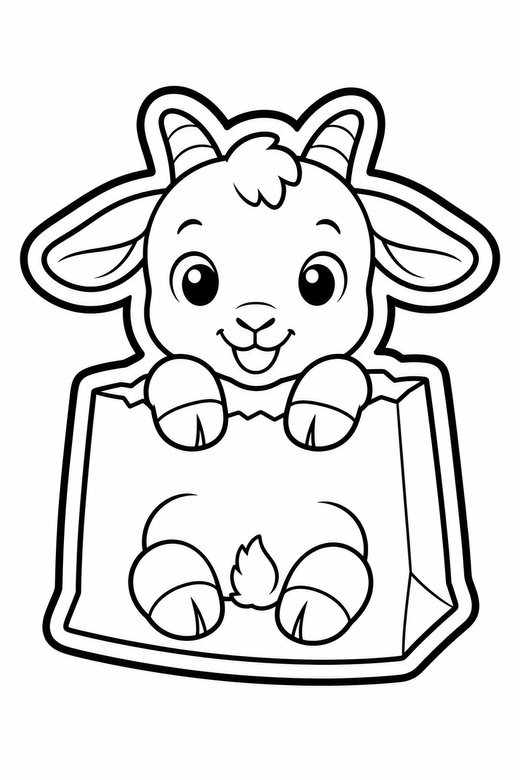 Kid goat sitting down in a paper bag, color online