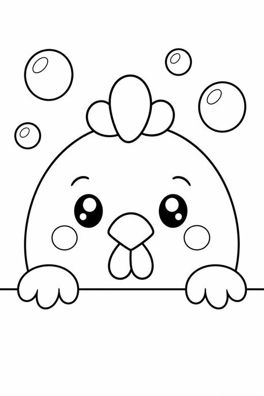 Hen peeking with bubbles, color online