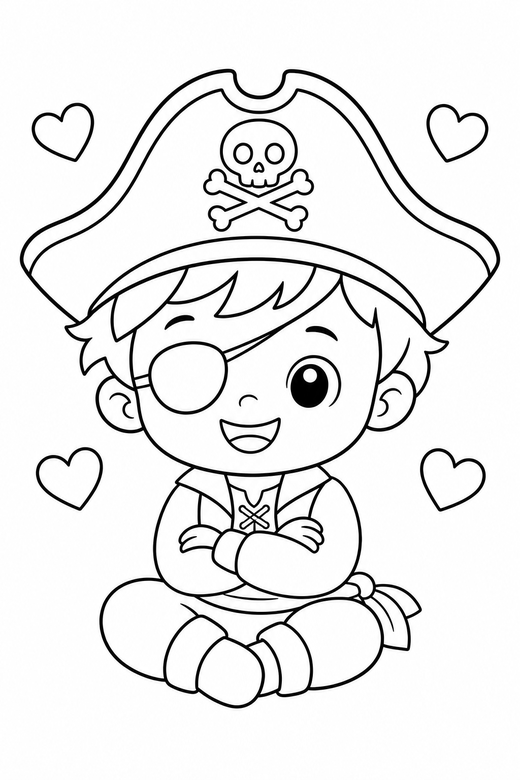 Little pirate sitting with hearts, color online