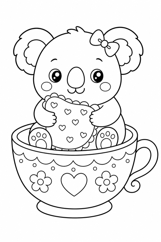 Koala hugging a cushion in a teacup, color online