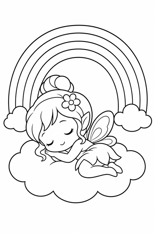Tiny fairy asleep under a rainbow, color online